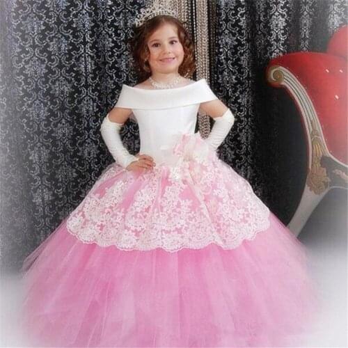 Flower Girl Dresses Off the Shoulder Sleeveless Lace Appliqued Tulle Girls Pageant Dresses Ribbon Kids Formal Wear Girls Party