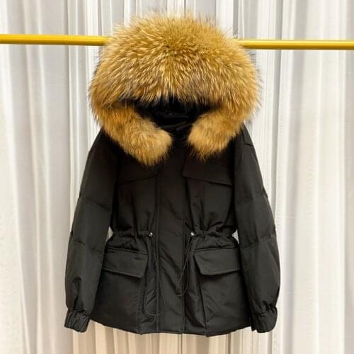 Huge Natural Raccoon Fur Hooded Winter Down Coat Women White Duck Down Jacket Puffer Coats Thick Female Parkas Outwear Oversize