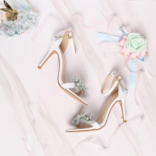 Spring Summer Hollow Open-toed Womens Sandals White Surface Light Green Flower Pearl One Word Fastener High-heeled Shoes New