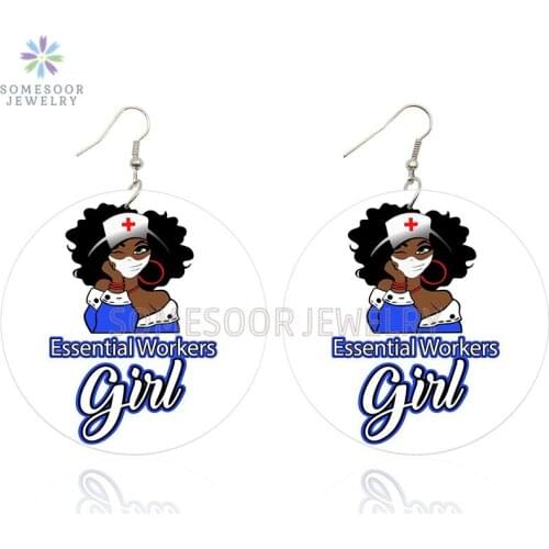 SOMESOOR Essential Workers Girl Art Printed Wooden Drop Earrings Black Lives Matter Powerful Loops Dangle Jewelry For Women Gift