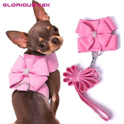 GLORIOUS KEK Soft Suede Leather Small Dog Harness for Puppies Chihuahua Yorkie Cute Pet Harness with Leash Bow Rhinestones Pink