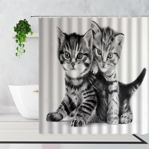 Funny Cat Dog Fabric Shower Curtain Cute Animal Print Bathroom Decoration Waterproof Bath Curtains Set With Hooks Bathtub Screen