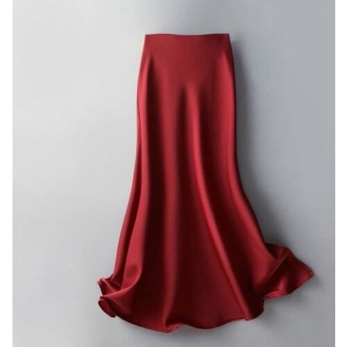 2021 New Summer Womens Midi Skirt Office Lady High Waist Black Red Elegant Bodycon Satin A-line Skirts Jupe Femme Y936