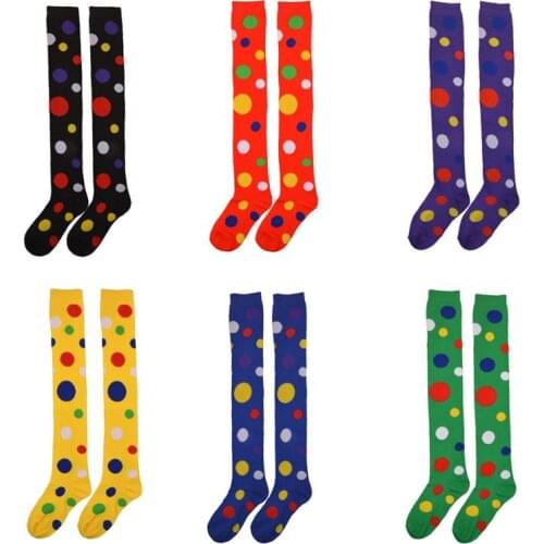 Women Girls Clown Cosplay Long Socks Fun Colorful Irregular Polka Dot Printed Over Knee Thigh High Stockings Fancy Party Costume