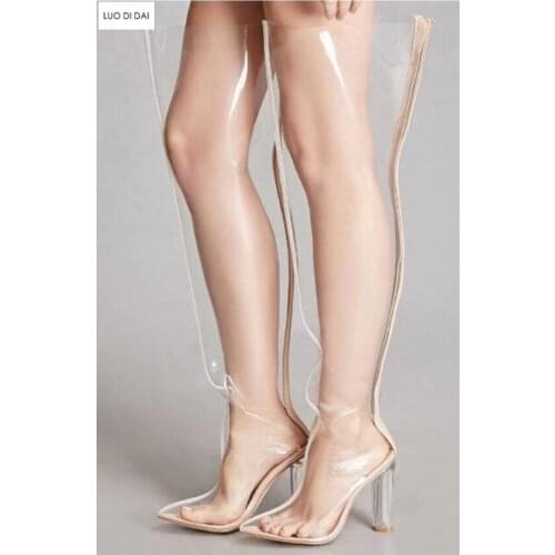 2019 spring fashion over knee high boots PVC boots women clear heel booties zip up chunky heel summer boots ladies dress shoes