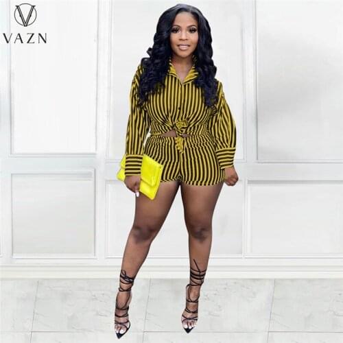 VAZN 2021 fashion hot sale summer women street casual style long sleeve top elastic short pants striped two piece sets