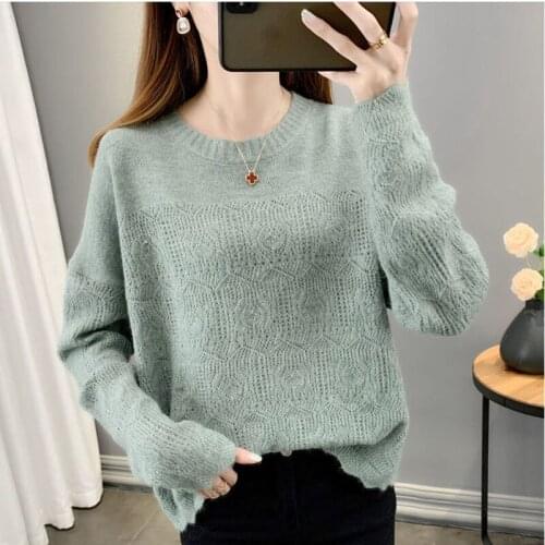 Spring And Autumn New Womens Round Neck Long Sleeve Pullover Sweater Lady Sweater Korean Thin Loose Solid Color Bottom Coat