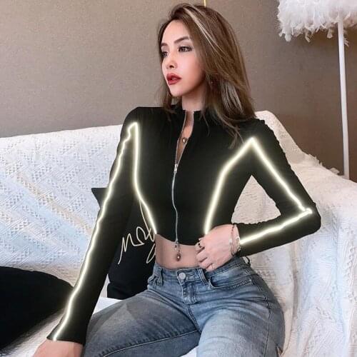 2021 Sexy Tops Reflective Double Zipper Long Sleeve Coat Balck Slim Fashion Sport Jacket Shirts Gothic Women Clothing