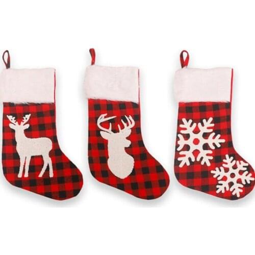 3pcs/lot Christmas Stockings Candy Bags Gift Holders with Snowflake Elk Pattern Plaid Chirstmas Tree Decorations For Party