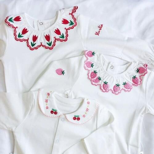 EnkeliBB Lolita Little Girl Long Sleeve White Blouse Strawberry Cherry Embroidery Basic Tops Toddler Girl Quality White Blouses