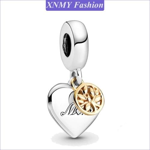 New Original Silver Color Two-tone Family Tree Heart Dangle Charm fit European Pandora Bracelet Necklace Jewelry Mothers Day Gi