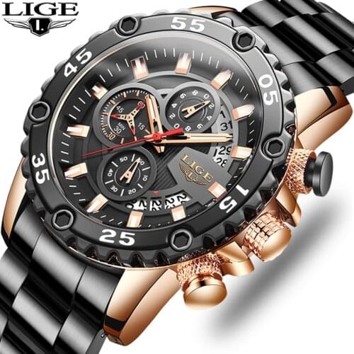 2020 Fashion Mens Watches LIGE Top Brand Luxury Watch Men Stainless Steel Big Dial Waterproof Sport Quartz Clock Chronograph+Box