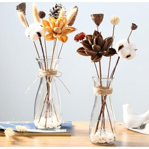 Modern Home Decorative Glass Vases Cotton Lotus Artificial Dried Flowers Set Ramadan Party Decorations Props for Photo Supplies