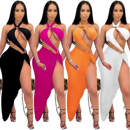 DPSDE women 2021 new fashion sexy beach style sets sleeveless jumpsuits open fork long skirt pure color two piece sets