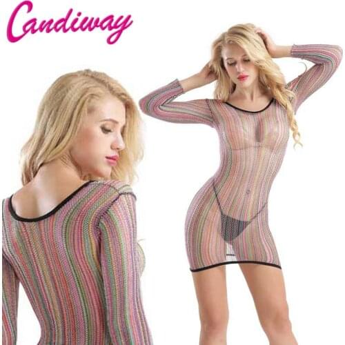 Fantasy sexy plus Mini Dress Seamless fishNet lingerie rainbow Stretchy erotic bodystocking underwear women mesh tight appeal
