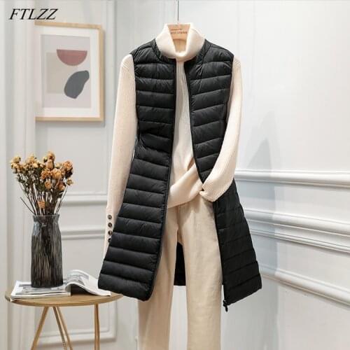 FTLZZ Winter Women Ultra Light circular Collar Jacket Zipper White Duck Down Medium Long Vest Outerwear 4XL Plus Size Down Coat