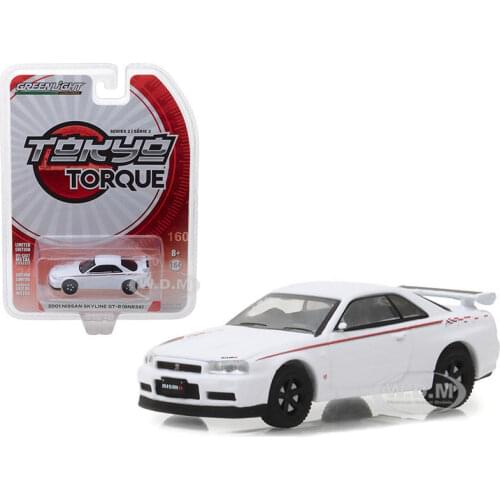 GreenLight 1:64 2001 NISS AN SKYLINE GT-R (BNR34) WHITE alloy toy car toys for children diecast model car Birthday gift
