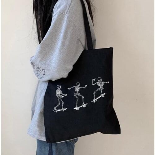Skeleton on skateboard canvas bag casual Harajuku fashion large-capacity shopper bag female bag cartoon fun women shoulder bags