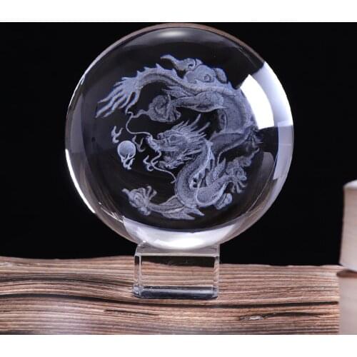 6 cm/ 8cm 3D Crystal Ball with Dragon Miniature Figurine Sphere Laser Engraved Crystal Craft Globe with LED Base Home Decor