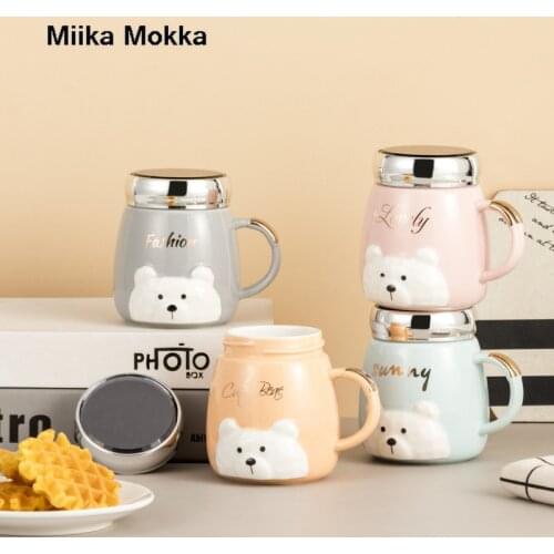 Ceramic Cup Cartoon 3D Bear Coffee Mug with Mirror Lid Creative Cute Animal Relief Coffee Cup Milk Cup Water Cup Breakfast Cup