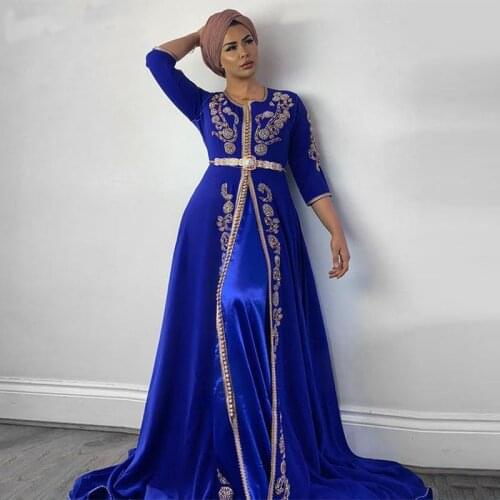 Royal Blue Abaya Dubai Evening Dress Appliques Lace Moroccan Kaftan Long Prom Gowns Muslim Party Dress
