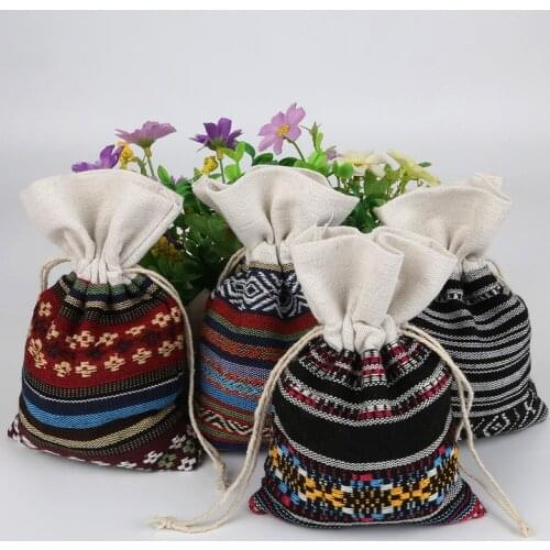 5pcs Fashion Cotton Jewelry Bags Ethnic Gift Bags Stripe Tribal Drawstring Bags Christmas Jewelry Earring Pendent Pouches