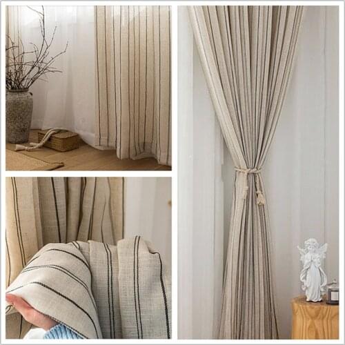 Natural linen semi-shading ramie curtains with balck vertical stripe Norse hemp yarn cotton linen curtain gauze yarn drapes