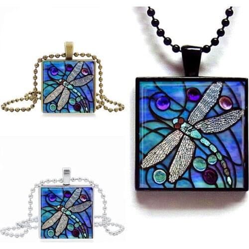 2016 New Fashion Women Mystical BLUE DRAGONFLY Insect Spring Garden Glass Tile Pendant Necklace Jewelry