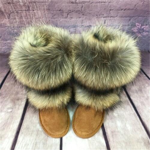 New Arrival Genuine Leather 2020 Big Fox Fur Woman Snow Boots 100% Natural Fur Snow Boots Warm Womens Winter Boots