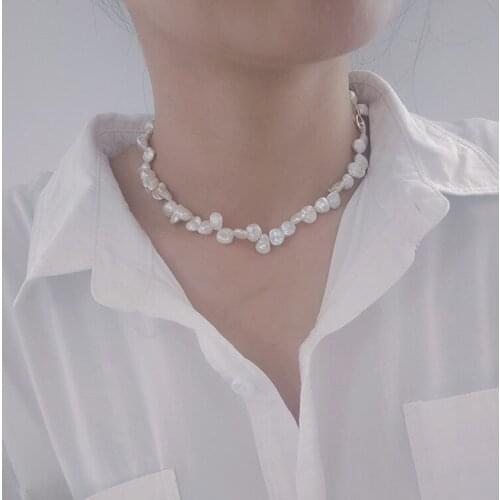 Freshwater Pearl white BAROQUE flat oval reborn kshi Necklace 38cm wholesale for women xmas gift