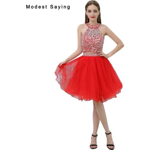 Sexy Red Beaded 2 Pieces Short Homecoming Dress 2017 for Size 18 Girls with Rhinestone Mini 8th grade Graduation Prom Gowns B031