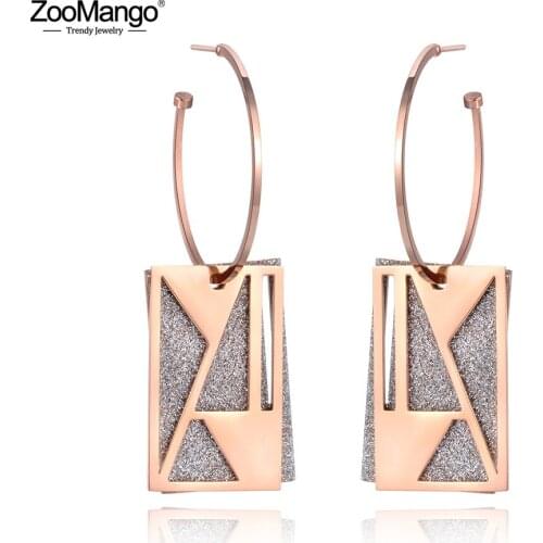 ZooMango Original Design Hollow Geometric Stainless Steel Jewelry Frosted Square Curved Disc Hoop Earrings For Women ZE19017