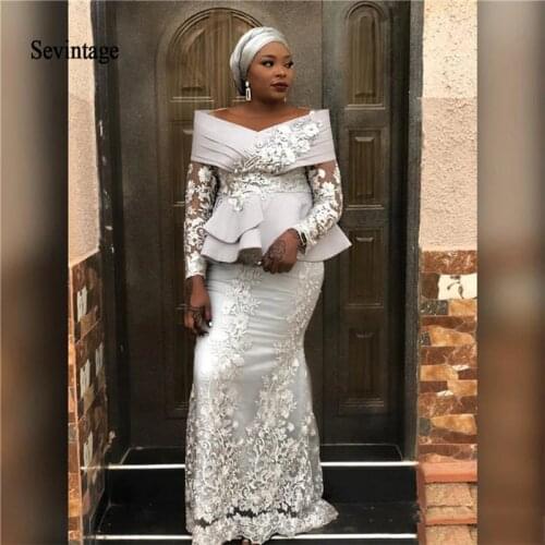 Sevintage Mermaid Off Shoulder Evening Dress Long Sleeve African Pleats Lace Appliques Arabic Formal Prom Party Gown 2020