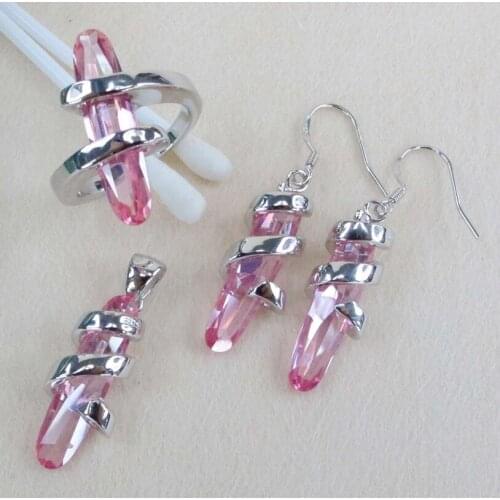 SHUNXUNZE Cute christmas gifts jewelry heart set (ring/earring/pendant) Pink Cubic Zirconia oval Rhodium Plated R813set Size 6-9