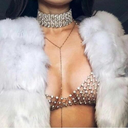 Sexy Rhinestone Mesh Crystal Bikini Body Bra Chain Slave Beach Harness Waist Dance Beach Necklace Party Gypsy Jewelry