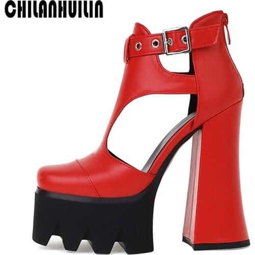 Red platform pumps microfiber sexy high heels pumps women buckle square heeled ladies office shoes woman party dress ankle boots