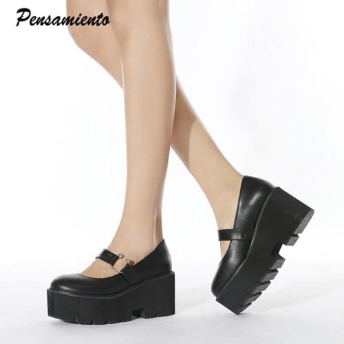 2021 Spring Summer Block Women Platform Pumps Fashion Wedges Patent leather High heels Female Chunky Shoes for Students 34-43