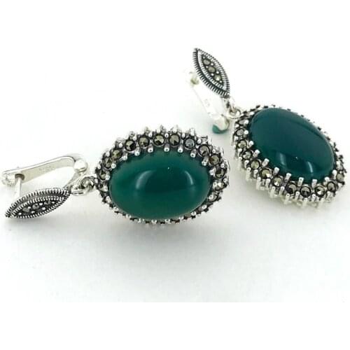 Custom Production Natural Green Agate Marcasite Silver Earrings