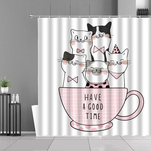 Cartoon Cute Cat Pattern Shower Curtain Funny Cats Dog Animals Bathroom Curtains Children Room Decor Screen Gift For Girls Boys