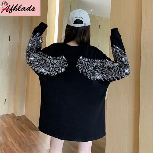 Autumn New Round Neck Loose Batwing Long Sleeve Womens Clothing Streetwear Fashion Diamond Plus Size High Quality T-Shirt