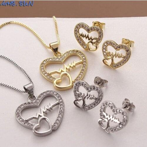MHS.SUN New Copper Zircon Crystal Heart Necklace Women Fashion Jewelry Set Cubic Zircon Stud Earrings For Female Girls Gift