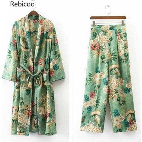 Womens Casual Floral Printed Blazer2 Pieces Set Suit V-Neck Wiped Kimono Loose Pajama Jacket +Trousers Two Piece Suits