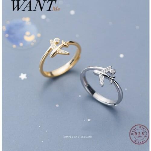 WANTME Chic Pave Zircon Airplane Airport Open Ring for Women Genuine 925 Sterling Silver Japanese Korean Charming Jewelry Gift
