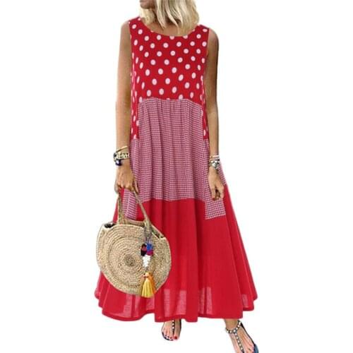 Vintage woman dress Sleeveless O Neck Polka Dot Print Large Hem Patchwork Long Dress summer dress vestido de mujer платье летнее