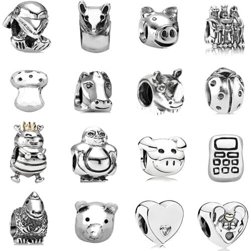 2019 NEW 100% Sterling Thai Silver Retro Pig Mobile Phone Mushroom Rhinoceros Beetle Heart-shaped Beaded Charm Collection Gift