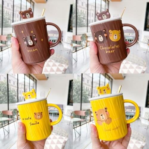 350ML Cute Cartoon Embossed Bear Ceramic Cup For Girlfriend Boyfriend Gifts Creative Coffee Cup With Lid Spoon