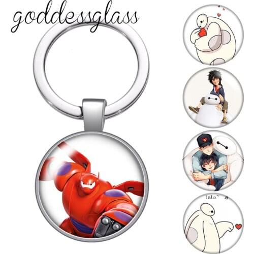 Disney Big Hero 6 Baymax cartoon glass cabochon keychain Bag Car key chain Ring Holder Charms keychains gift