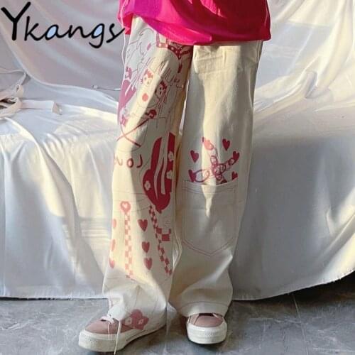 Cartoon Anime Print High Waisted Wide Leg Pants Women Big Pocket Cargo Korean Fashion Streetwear Casual Joggers Trousers Female