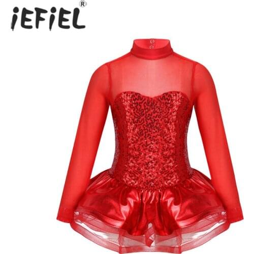 Figure Ice Skating Dress Kids Girls Sequins Long Sleeves Tulle Splice Roller Skating Ballet Dance Costume Gymnastics Leotard
