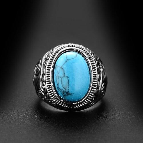 Mens Large Oval Retro Artificial Semi Precious Stone Ring Size US 7-15 for Men Punk Style Ring